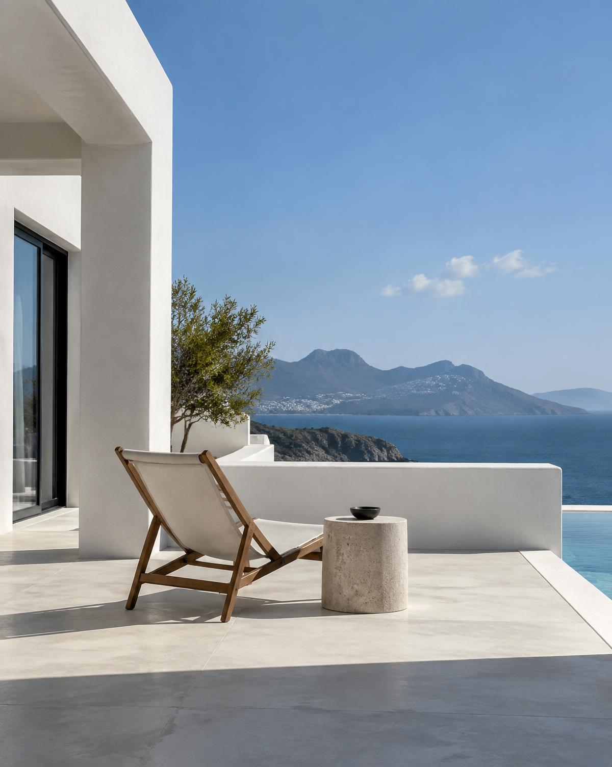 An empty chair on a white terrace facing the sea and distant mountains